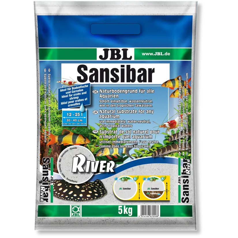 JBL – Sansibar RIVER 5 kg – 0,8 mm – Feines, klares Bodensubstrat, gesprenkelt mit kleinen schwarzen Steinen für Aquarien