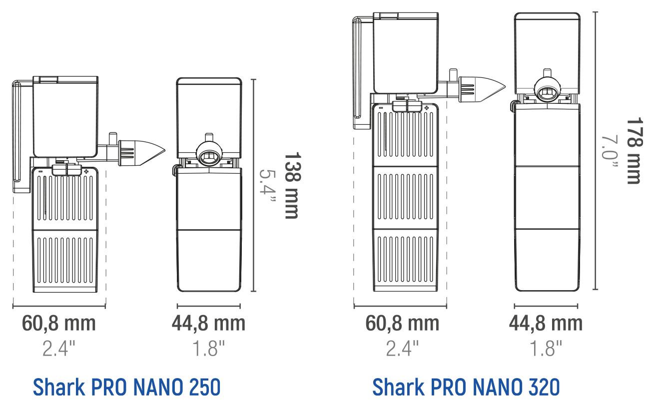 Dimenzije Shark Pro Nano skimmerjev